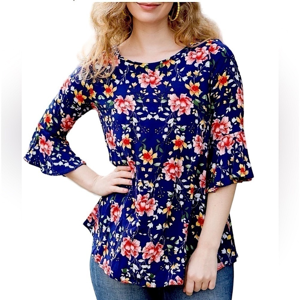 RED LOLLY Navy Top with Multi-Colored Floral Print and 3/4 Trumpet Sleeves